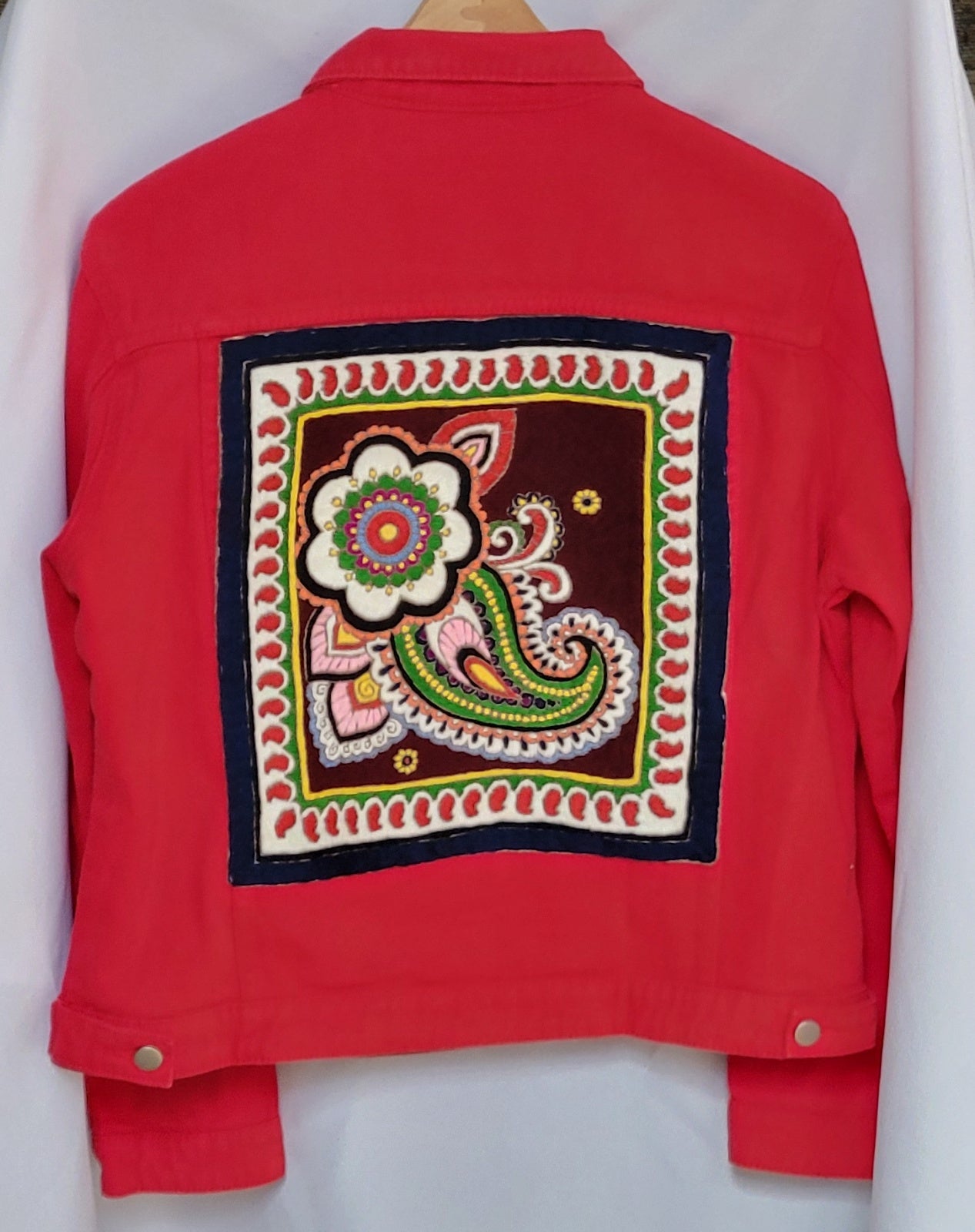 Denim Jacket in Red, Size Large